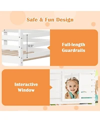 Gymax Twin over Twin House Bunk Bed Low-to-ground Bed Frame w/ Roof Solid Wood Bed