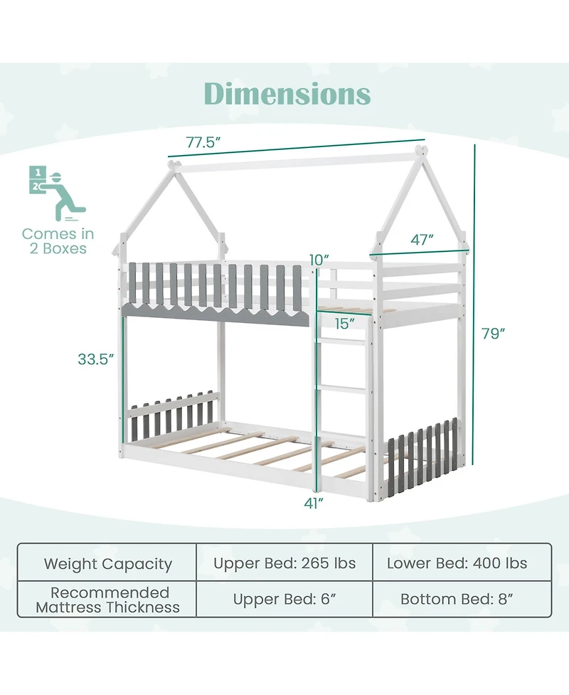 Gymax Twin Over Twin Bunk Bed w/ Fence & Ladder Solid Wood Floor Bunk Bed for Kids