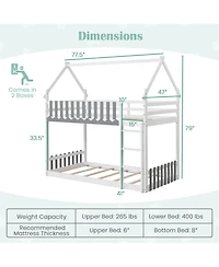 Gymax Twin Over Twin Bunk Bed w/ Fence & Ladder Solid Wood Floor Bunk Bed for Kids