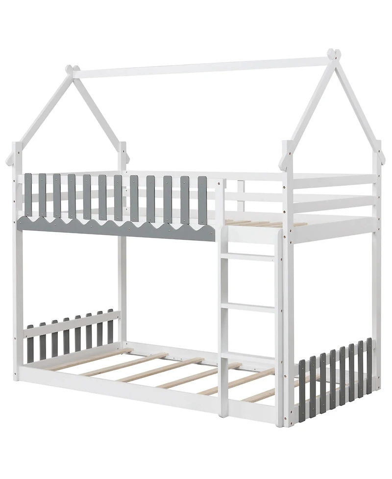 Gymax Twin Over Twin Bunk Bed w/ Fence & Ladder Solid Wood Floor Bunk Bed for Kids