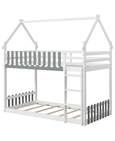Gymax Twin Over Twin Bunk Bed w/ Fence & Ladder Solid Wood Floor Bunk Bed for Kids