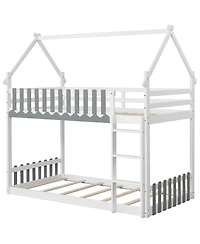 Gymax Twin Over Twin Bunk Bed w/ Fence & Ladder Solid Wood Floor Bunk Bed for Kids