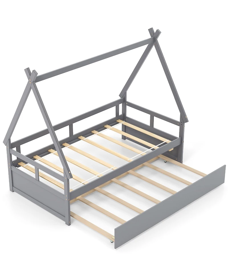 Gymax Twin Size House Bed w/ Trundle Roof & Safety Guardrail Wood Slat Support