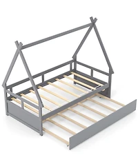 Gymax Twin Size House Bed w/ Trundle Roof & Safety Guardrail Wood Slat Support