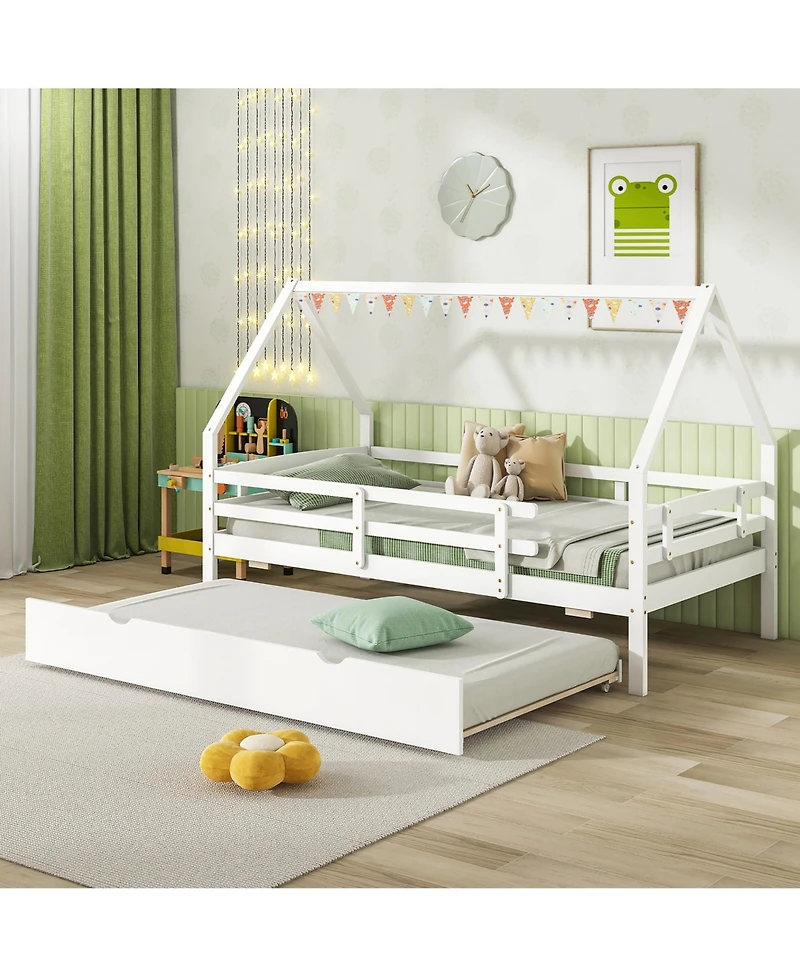 Gymax Twin House Bed w/ Trundle Wooden Kids Safety Rails & Decorable Roof
