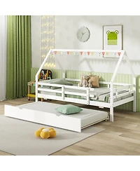 Gymax Twin House Bed w/ Trundle Wooden Kids Safety Rails & Decorable Roof