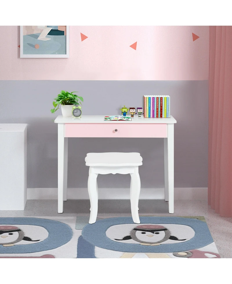 Gymax Kids Vanity Princess Make Up Dressing Table W/ Tri-folding Mirror & Chair