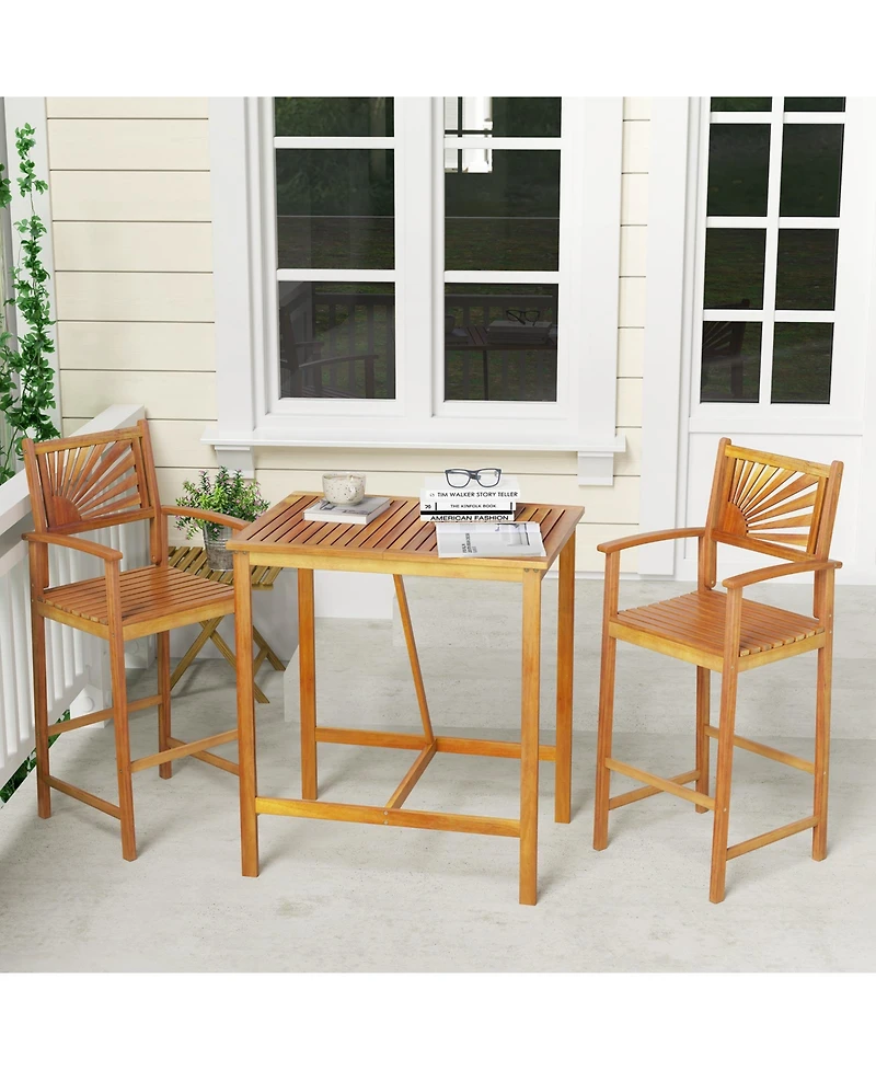 Gymax 3 Pcs Outdoor Acacia Wood Bar Set w/ Slatted Seat & Tabletop