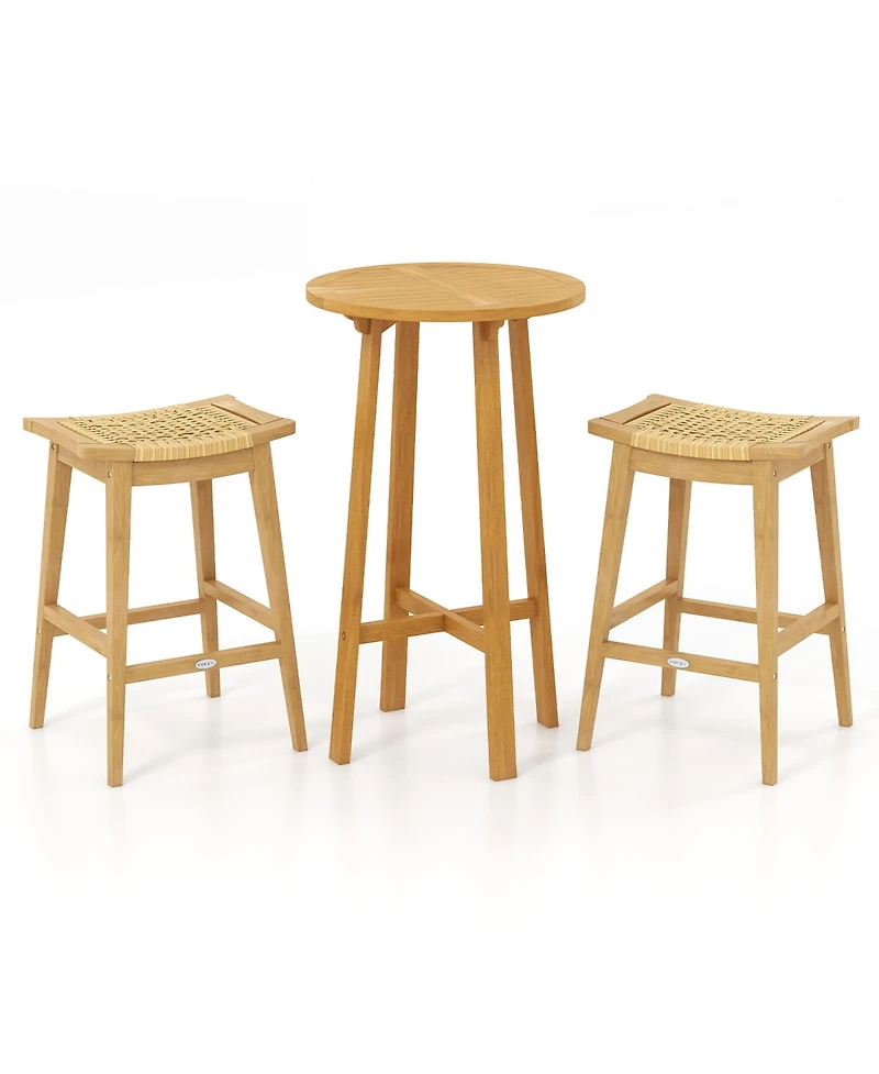 Gymax 3 Piece Patio Bar Set Round Cocktail Table w/ 2 Rattan Saddle Stools