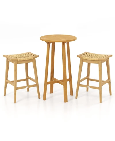 Gymax 3 Piece Patio Bar Set Round Cocktail Table w/ 2 Rattan Saddle Stools