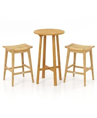 Gymax 3 Piece Patio Bar Set Round Cocktail Table w/ 2 Rattan Saddle Stools