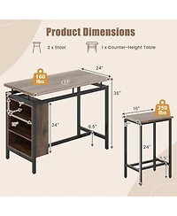 Gymax 3-Piece Dining Table Set Bistro Table & 2 Bar Stools w/ 3-Tier Storage Shelf