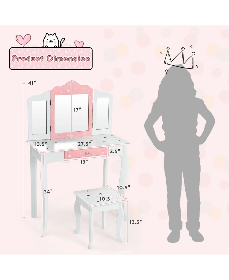 Gymax Kids Vanity Princess Makeup Dressing Table Chair Set W/ Tri-folding Mirror