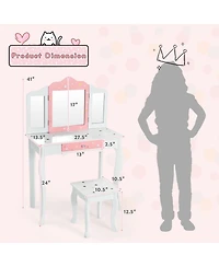 Gymax Kids Vanity Princess Makeup Dressing Table Chair Set W/ Tri-folding Mirror