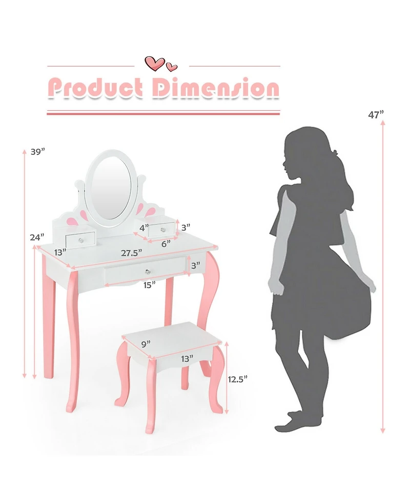 Gymax Kids Vanity Princess Makeup Dressing Table Stool Set W/ Mirror Drawer