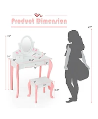 Gymax Kids Vanity Princess Makeup Dressing Table Stool Set W/ Mirror Drawer