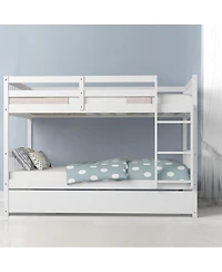 Gymax Full over Full Bunk Bed Platform Wood Bed Captain's Bed w/ Trundle & Ladder Rail