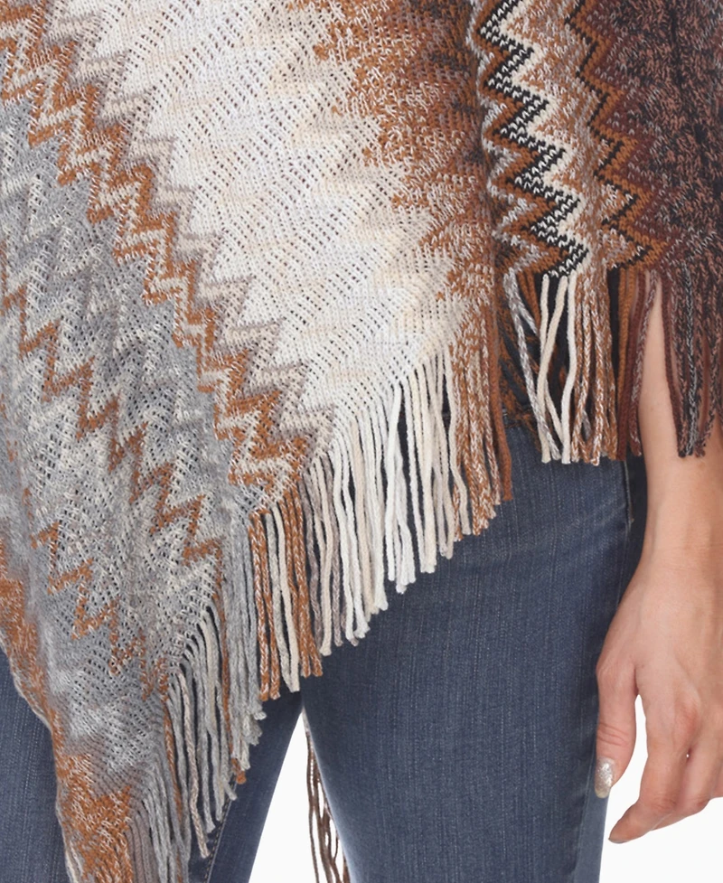 White Mark Women's Chevron Knit Fringed Hem Poncho Sweater