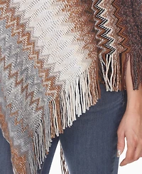 White Mark Women's Chevron Knit Fringed Hem Poncho Sweater