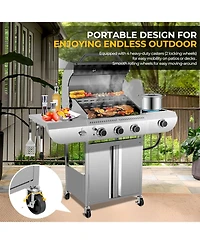 Cowsar 3-Burner Propane Gas Grill with Side Burner 34,000 Btu Stainless Steel Outdoor Bbq Grill, Cast Iron Grates, Portable for Patio, Camping