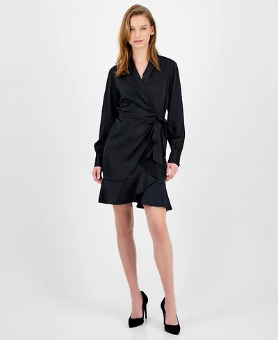 Anne Klein Women's Satin Ruffle-Hem Wrap Dress