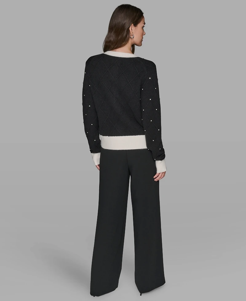 Karl Lagerfeld Paris Petite Crew Neck Front-Button Cardigan Sweater