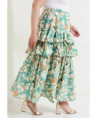 June + Vie Women's Poplin Tiered Midi Skirt