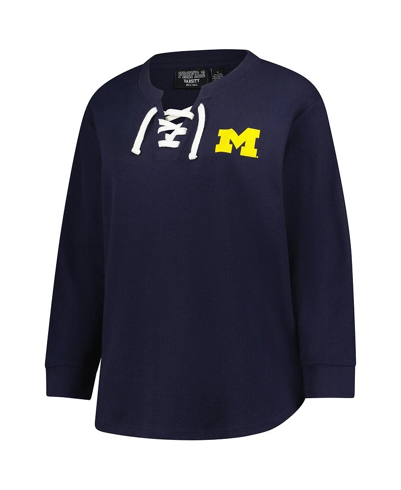 Fanatics Women's Navy Michigan Wolverines Lace-Up Waffle Knit Plus Long Sleeve T-Shirt
