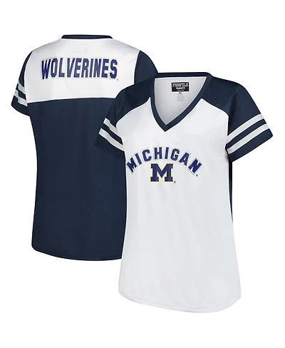 Fanatics Women's White Michigan Wolverines Plus Rhinestone Glitter Sleeve Stripe V-Neck T-Shirt