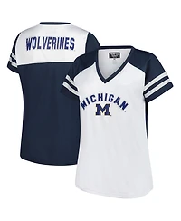 Fanatics Women's White Michigan Wolverines Plus Rhinestone Glitter Sleeve Stripe V-Neck T-Shirt