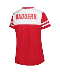 Fanatics Women's White Wisconsin Badgers Plus Rhinestone Glitter Sleeve Stripe V-Neck T-Shirt