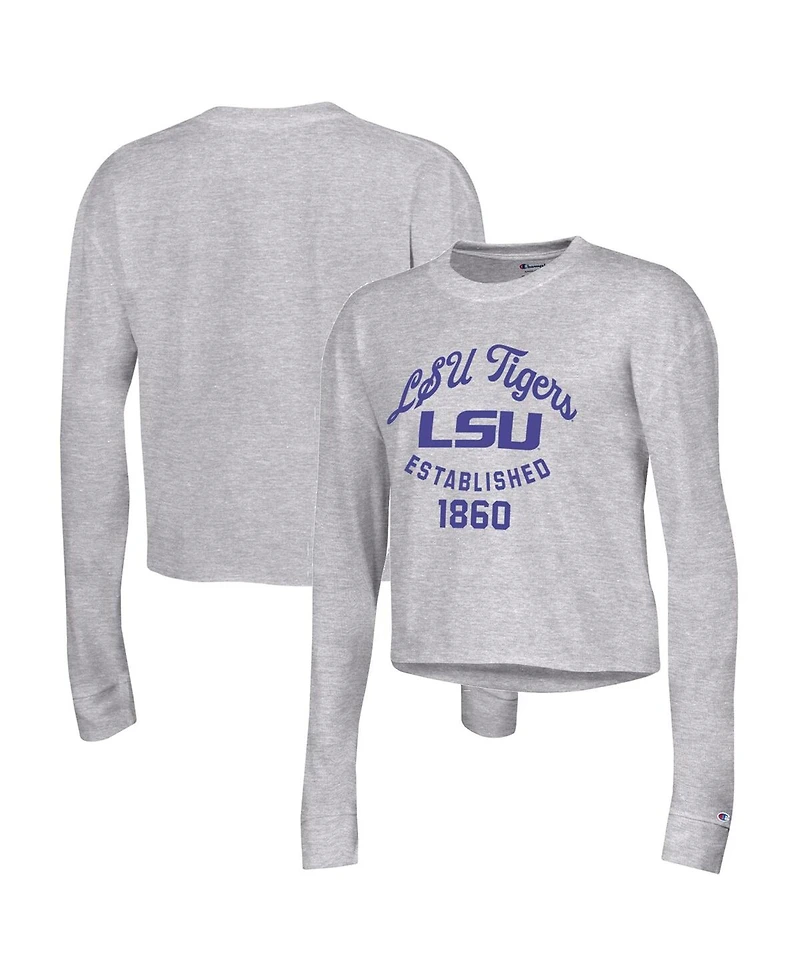 Champion Women's Gray Lsu Tigers Boyfriend Cropped Long Sleeve T-Shirt