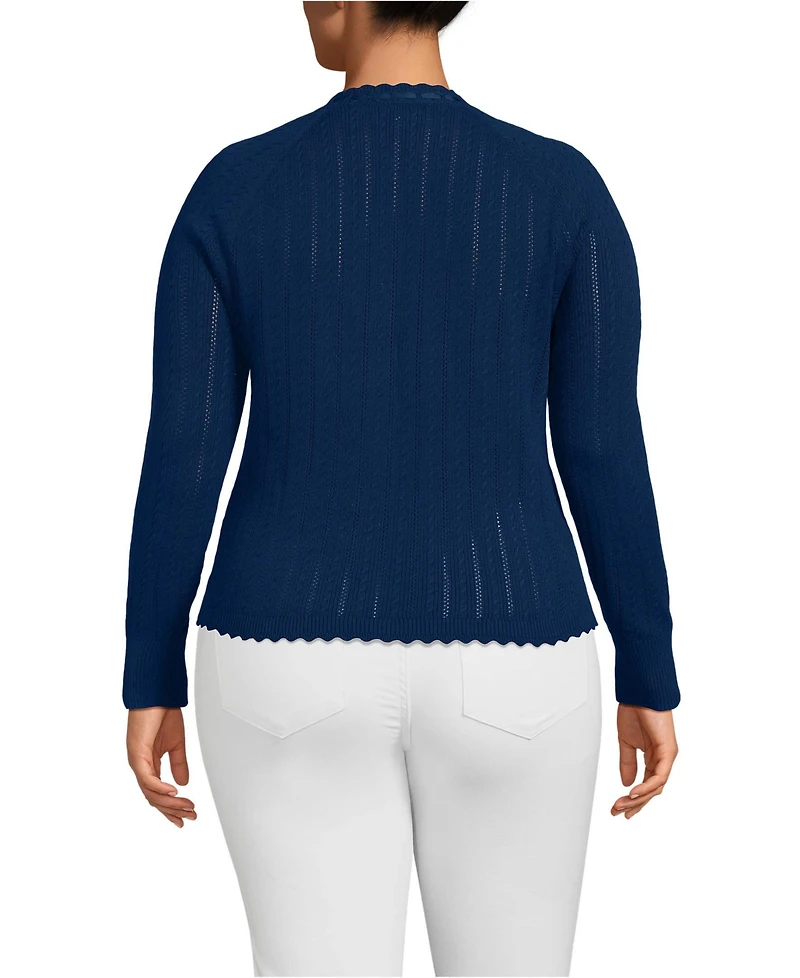 Lands' End Plus Cotton Pointelle Satin Trim Cardigan Sweater