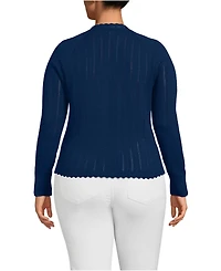 Lands' End Plus Cotton Pointelle Satin Trim Cardigan Sweater