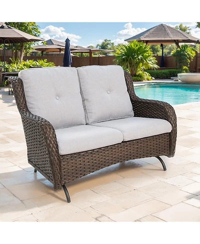 Gymojoy ArcLine 2-Person Wicker Rocking Bench Outdoor Glider Patio Rattan Loveseat with Olefin Cushions
