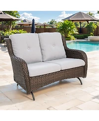 Gymojoy ArcLine 2-Person Wicker Rocking Bench Outdoor Glider Patio Rattan Loveseat with Olefin Cushions