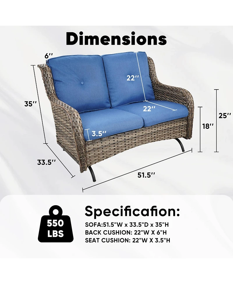 Gymojoy ArcLine 2-Person Wicker Rocking Bench Outdoor Glider Patio Rattan Loveseat with Olefin Cushions