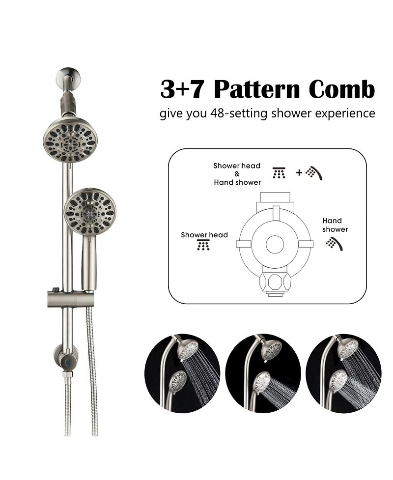 Rainsken High Pressure 48-Settings Shower Head with Handheld Shower, Adjustable Height Slide Bar Dual Shower Head Combo Set