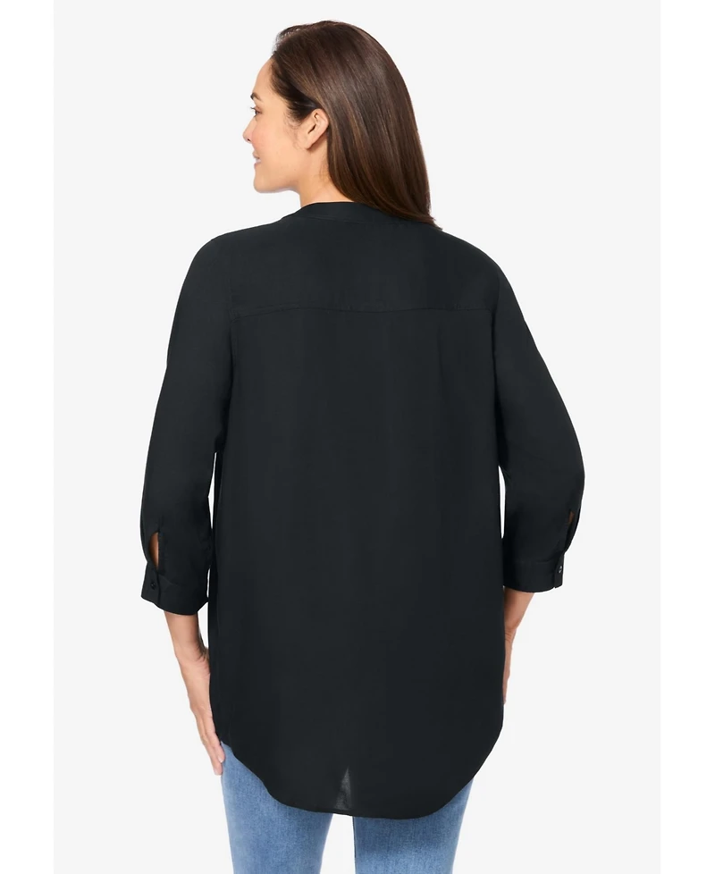 Woman Within Women's Plus Rayon 7-Day Three-Quarter Sleeve Tab-Front Tunic Top