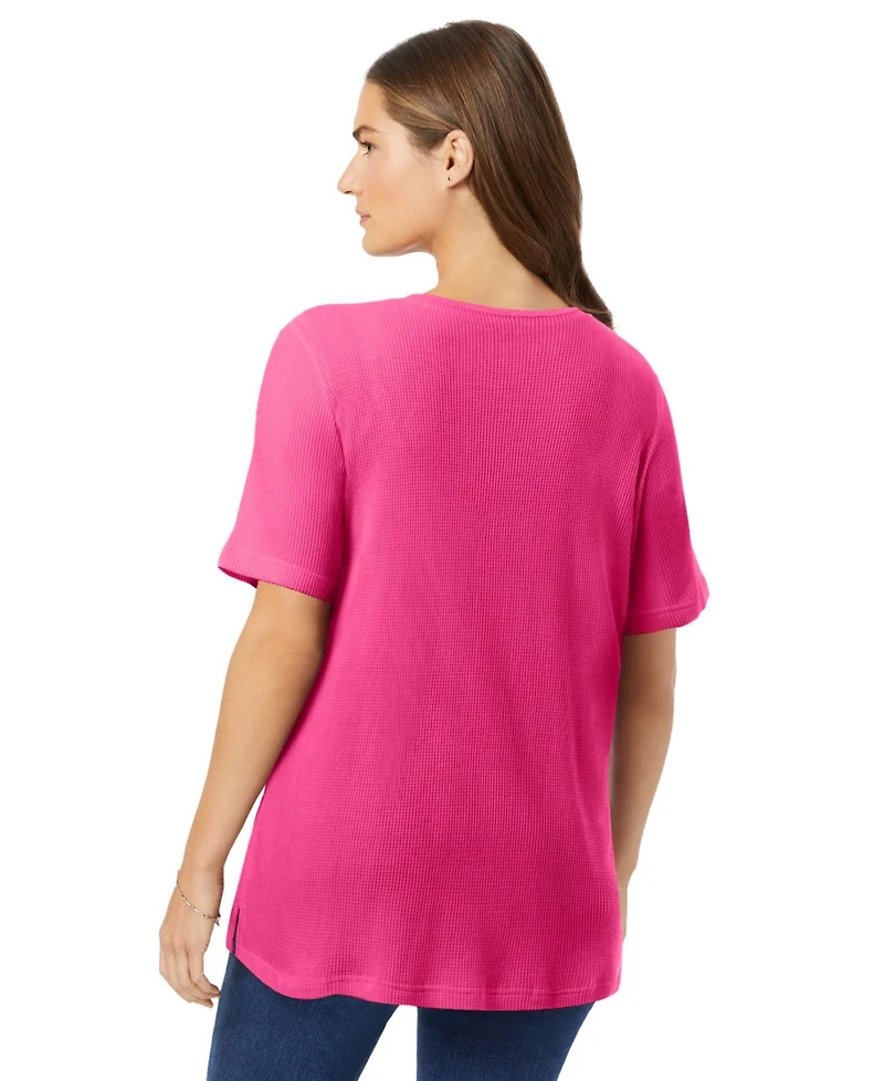 Woman Within Plus Waffle Thermal Satin Trim Tee