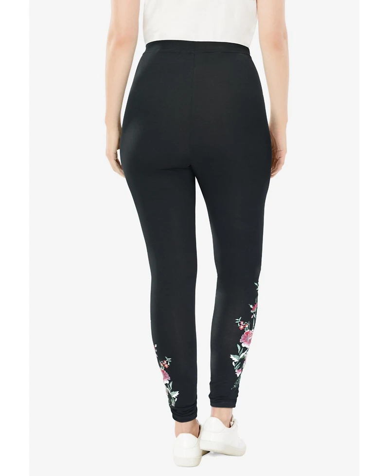 Woman Within Plus Women'S Plus-Size Stretch-Cotton Knit Pull-On Embroidered Leggings