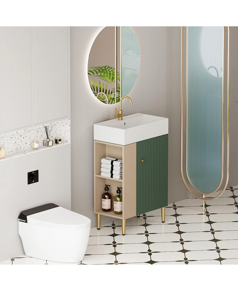 Slickblue Open Shelving Bathroom Vanity with Ceramic Sink and Soft-Closing Door
