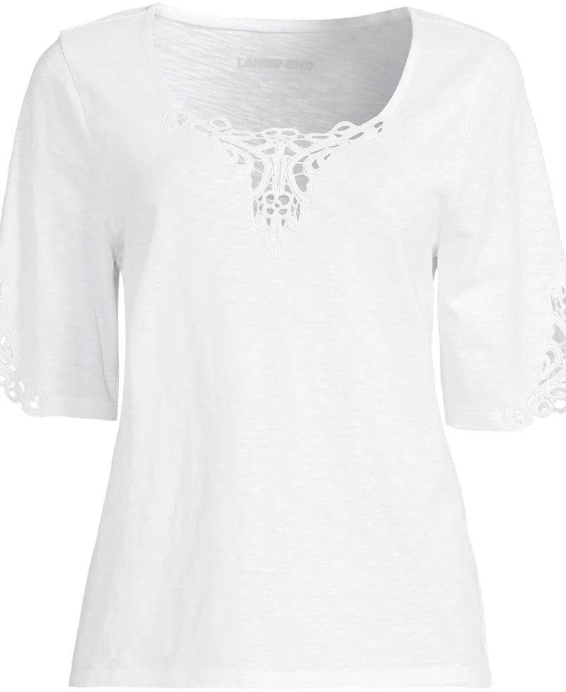 Lands' End Women's Elbow Sleeve Slub Lace Trim T-Shirt