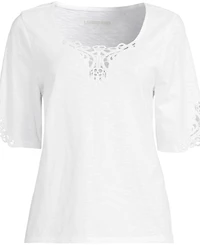 Lands' End Women's Elbow Sleeve Slub Lace Trim T-Shirt