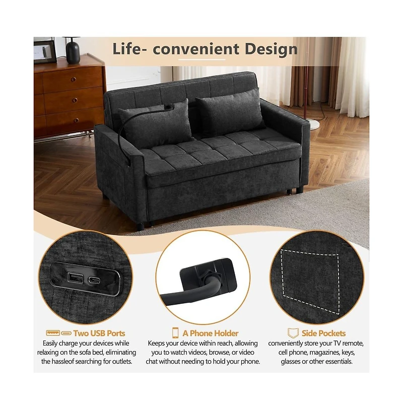 Maison Boucle 56.9" Pull-Out Sleeper Sofa with Usb Ports, Phone Holder & Adjustable Backrest, Convertible Bed Pillows-Maison