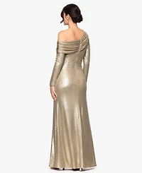 Betsy & Adam Women's Long Ruched Off-the-Shoulder Gown