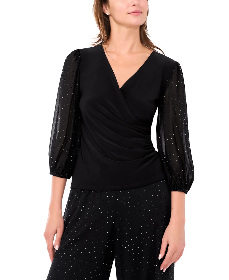 Msk Women's V-Neck Puff Sleeve Wrap Top