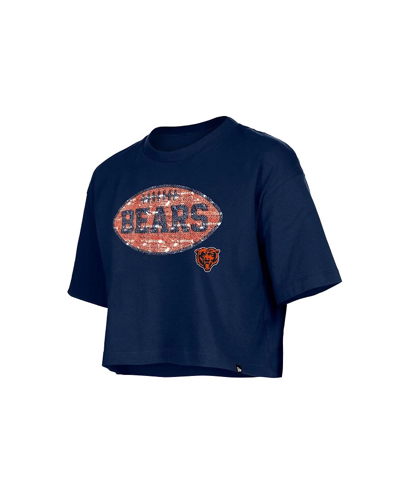 New Era Girl's Navy Chicago Bears Flip Sequin Boxy T-Shirt