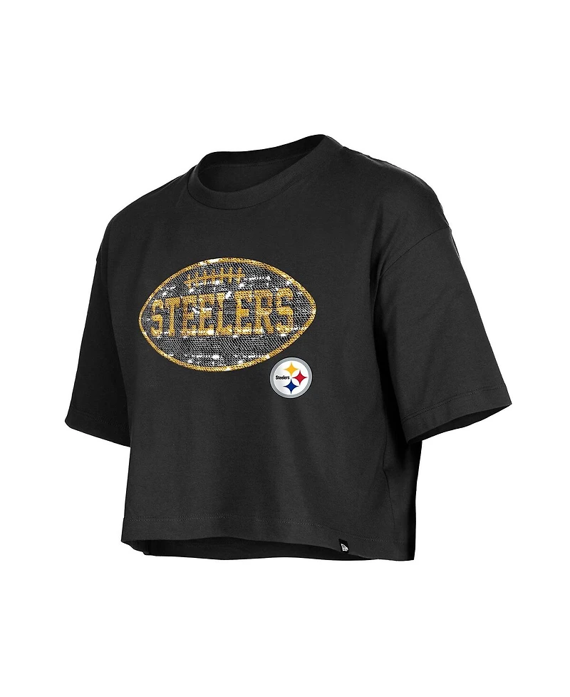 New Era Girl's Black Pittsburgh Steelers Flip Sequin Boxy T-Shirt