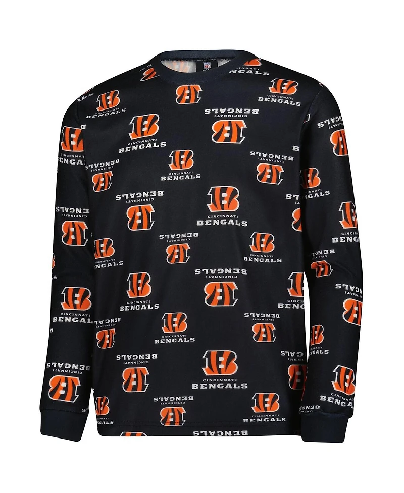 Outerstuff Big Boys and Girls Black Cincinnati Bengals All-Over-Print Long Sleeve T-Shirt and Pants Sleep Set